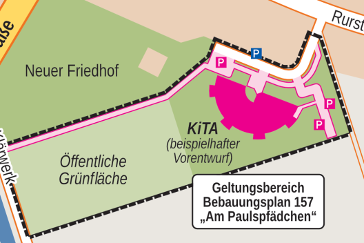 Geltungsbereich Bebauungsplan 157 und beispielhafter städtebaulicher Vorentwurf nach Plänen der Stadt Pulheim