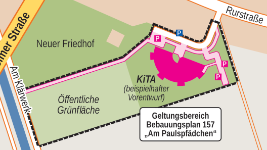 Geltungsbereich Bebauungsplan 157 und beispielhafter städtebaulicher Vorentwurf nach Plänen der Stadt Pulheim