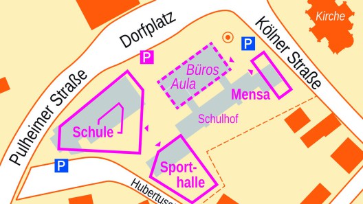 Planung für einen Neubau der Horionschule: Bestand in grau; das Gebäude mit Aula und Verwaltungsbüros bliebe erhalten (Kartengrundlage: Bezirksregierung Köln unter Datenlizenz Deutschland – Zero; Planung von v-architekten, Köln)